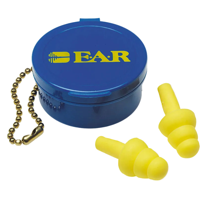 Yellow foam earplugs with a round blue carrying case featuring a yellow 'EAR' logo and a gold ball chain, shown on a white background.