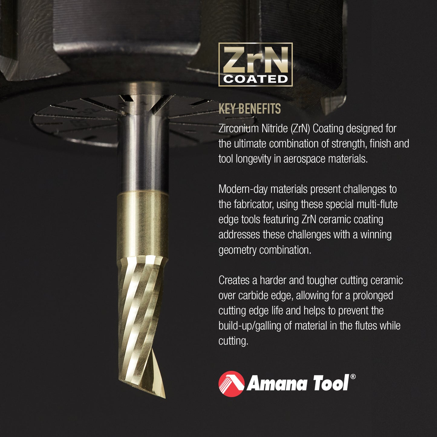 Amana 51377-Z Solid Carbide ZrN Aluminium Spiral O-Flute Bit, 1/4" Diameter, 1/4" Shank