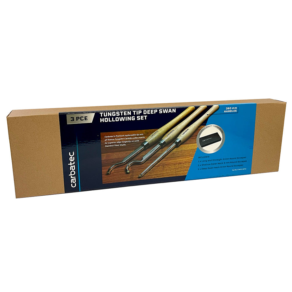 Carbatec 3PC Tungsten Carbide Deep Swan Neck Hollowing Woodturning Chisel Set