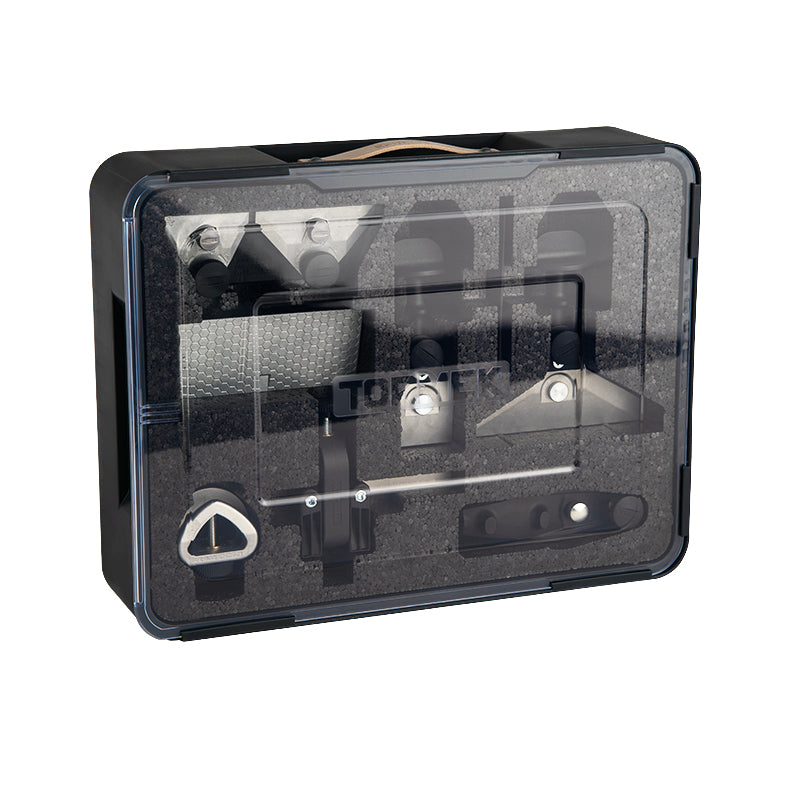 Tormek HTK-1006 Hand Tool Kit shown with included jigs and TC-800 storage case for sharpening knives, scissors, axes, and other hand tools.