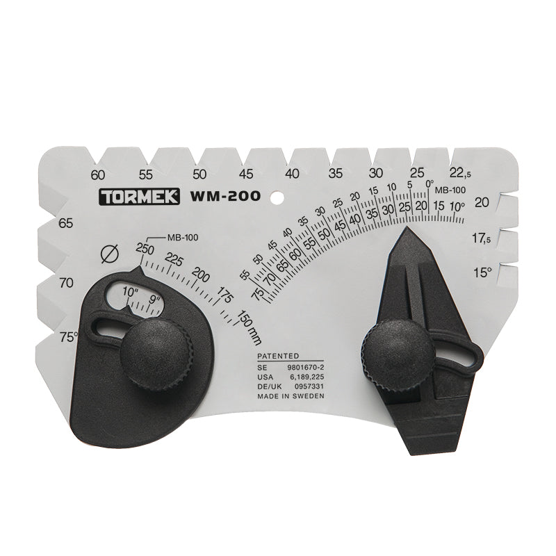 Tormek AngleMaster for setting and measuring edge angles from 10° to 75° on stones 150 mm to 250 mm.