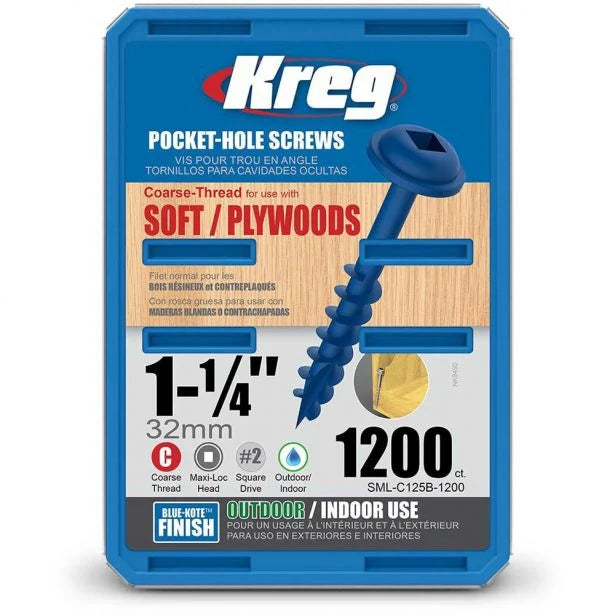 Kreg Pocket Hole Screws - 32mm Coarse/MaxiLoc Head - Zinc - 1200 pack