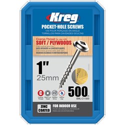 Kreg Pocket Hole Screws - 25mm Coarse/MaxiLoc Head - Zinc - 500 pack