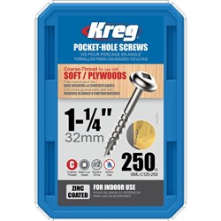 Kreg Pocket Hole Screws - 32mm Coarse/MaxiLoc Head - Zinc - 250 pack