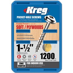 Kreg Pocket Hole Screws - 38mm Coarse/MaxiLoc Head - Zinc - 1200 pack