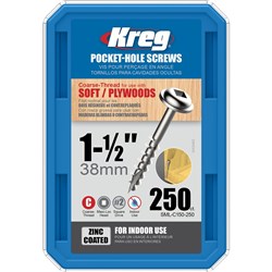 Kreg Pocket Hole Screws - 38mm Coarse/MaxiLoc Head - Zinc - 250 pack