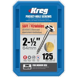 Kreg Pocket Hole Screws - 64mm Coarse/MaxiLoc Head - Zinc - 125 pack