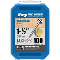 Kreg Pocket Hole Screws - 38mm Fine/MaxiLoc Head - Zinc - 100 pack