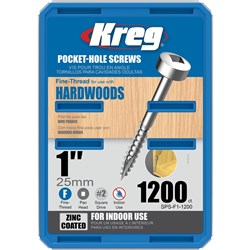 Kreg Pocket Hole Screws - 25mm Fine/Pan Head - Zinc - 1200 pack