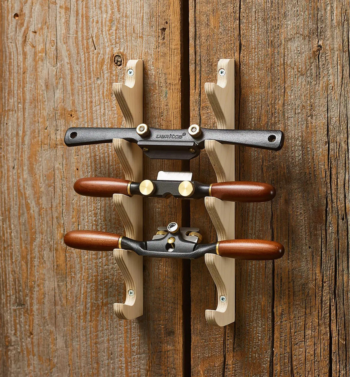 Veritas wall-mounted spokeshave rack made from Baltic birch plywood, holds up to five tools.