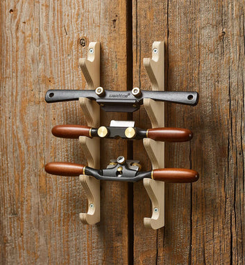 Veritas wall-mounted spokeshave rack made from Baltic birch plywood, holds up to five tools.