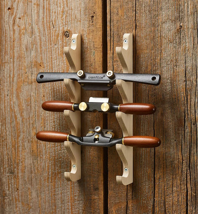 Veritas wall-mounted spokeshave rack made from Baltic birch plywood, holds up to five tools.