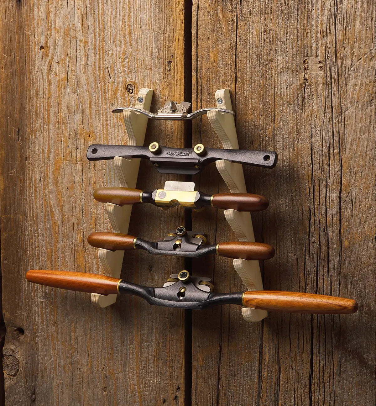 Veritas wall-mounted spokeshave rack made from Baltic birch plywood, holds up to five tools.