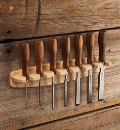 Veritas wall-mounted solid maple chisel rack designed for the seven-piece PM-V11 bench chisel set.