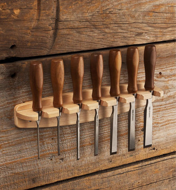 Veritas wall-mounted solid maple chisel rack designed for the seven-piece PM-V11 bench chisel set.