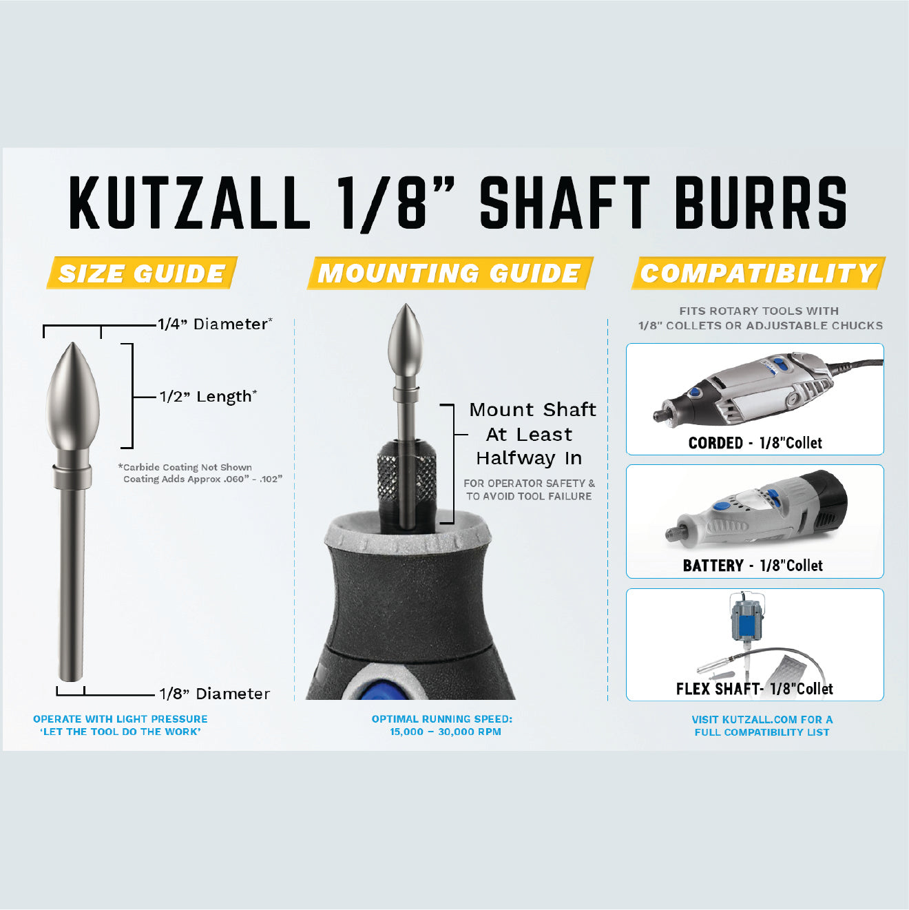Kutzall 1/8" Shaft 4 Piece Fine Detail Burr Kit