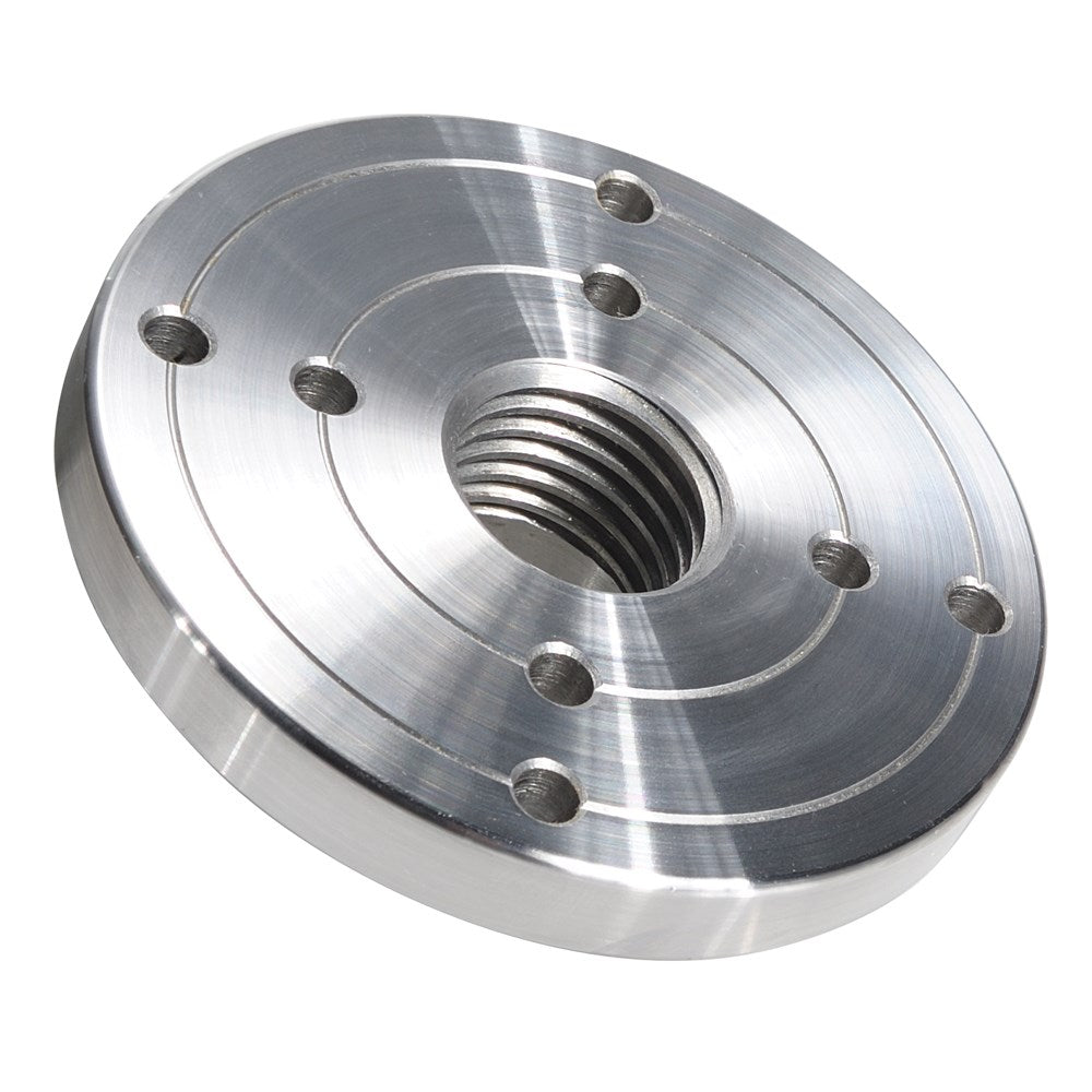 A 100mm diameter steel faceplate for lathes, with pre-drilled holes and a threaded connection.