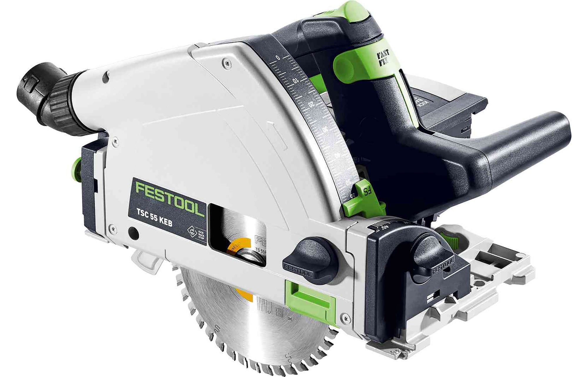Cordless plunge saw with guide rails and a battery pack, predominantly in green and silver colors, branded by Festool.
