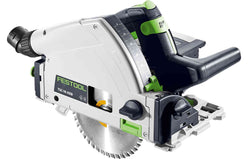 Cordless plunge saw with guide rails and a battery pack, predominantly in green and silver colors, branded by Festool.