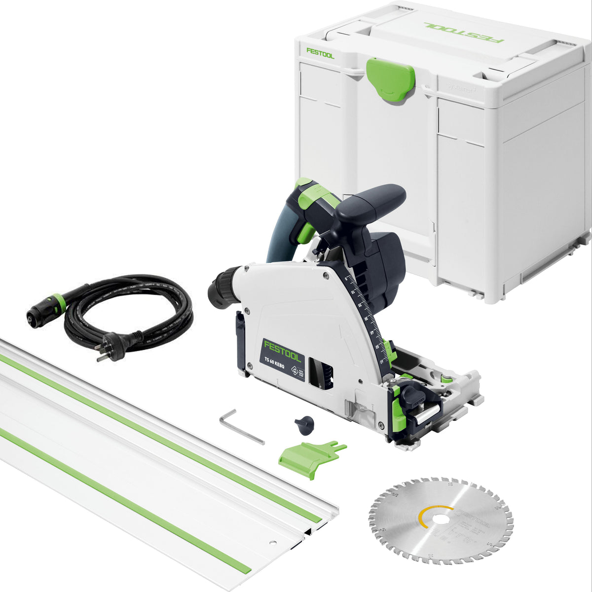 Festool circular saw guide rail kit with a Festool wet-sanding miter saw, a white Festool storage box, a guide rail, a black power cord, a circular saw blade, and small accessories on a white background.