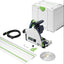 Festool circular saw guide rail kit with a Festool wet-sanding miter saw, a white Festool storage box, a guide rail, a black power cord, a circular saw blade, and small accessories on a white background.