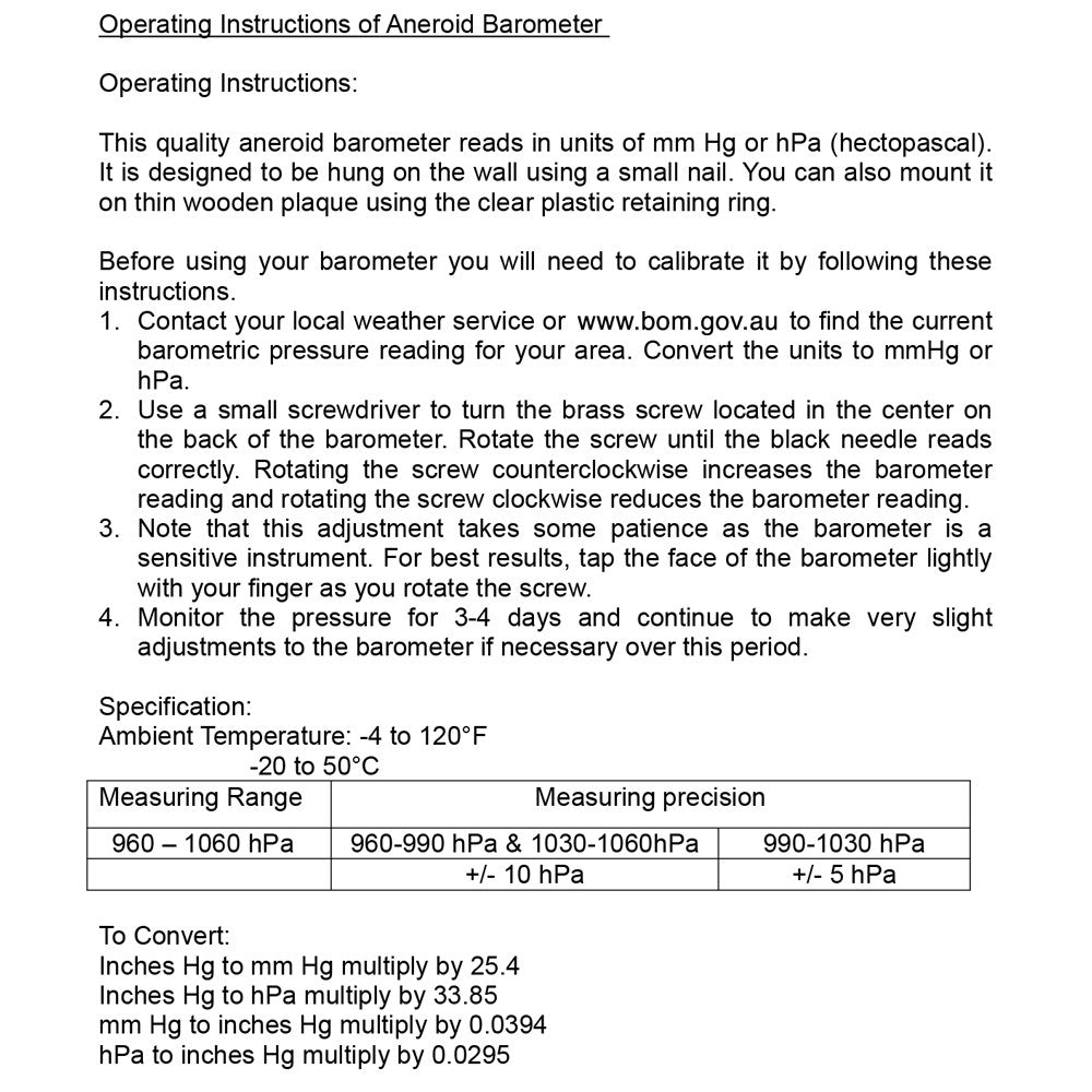 Carbatec 108mm Barometer Insert