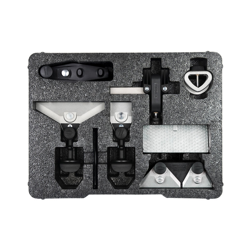Tormek HTK-1006 Hand Tool Kit shown with included jigs and TC-800 storage case for sharpening knives, scissors, axes, and other hand tools.