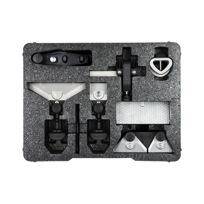 Tormek HTK-1006 Hand Tool Kit shown with included jigs and TC-800 storage case for sharpening knives, scissors, axes, and other hand tools.