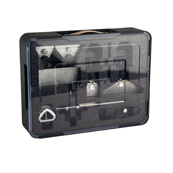 Tormek HTK-1006 Hand Tool Kit shown with included jigs and TC-800 storage case for sharpening knives, scissors, axes, and other hand tools.