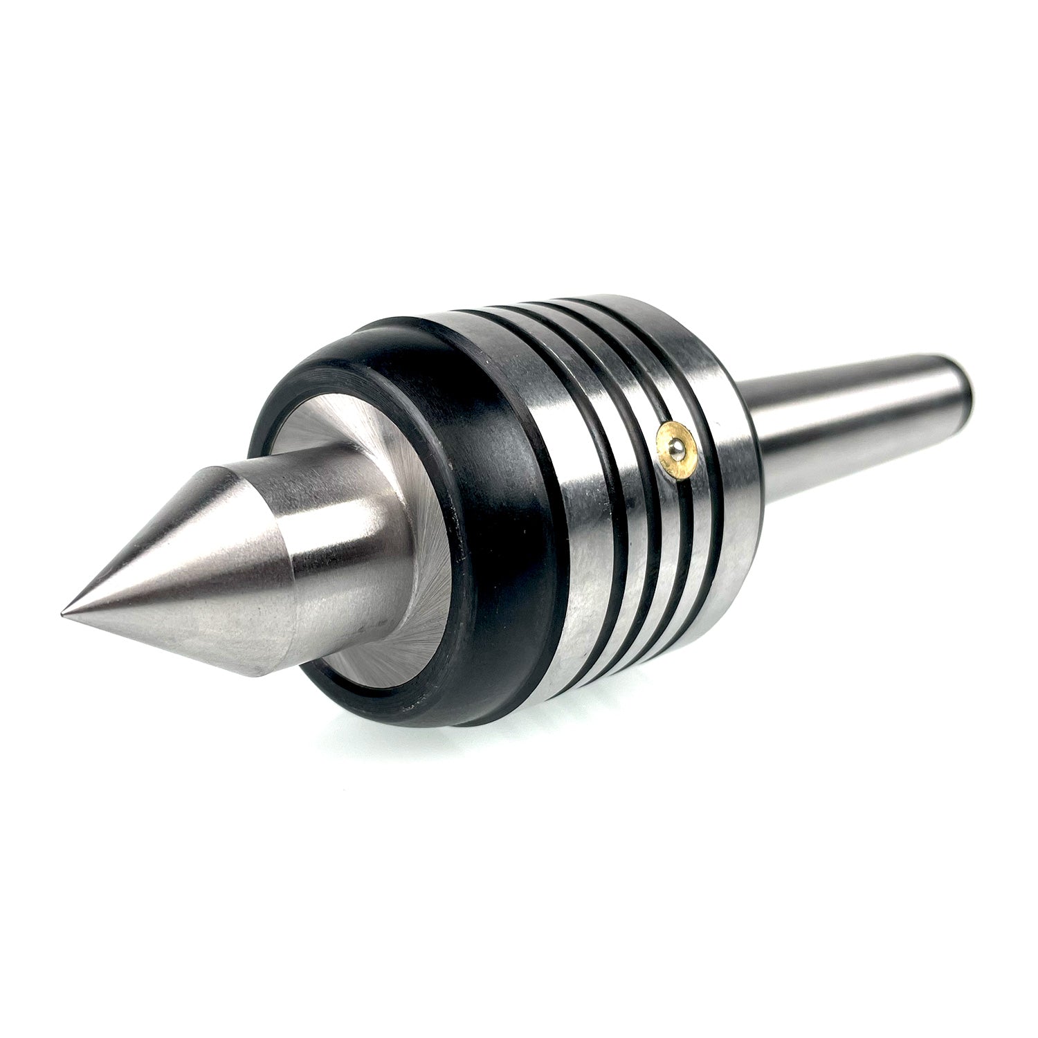 A live centre for a woodturning lathe, featuring a metal construction with a black band and a sharp, pointed end.