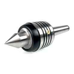 A live centre for a woodturning lathe, featuring a metal construction with a black band and a sharp, pointed end.