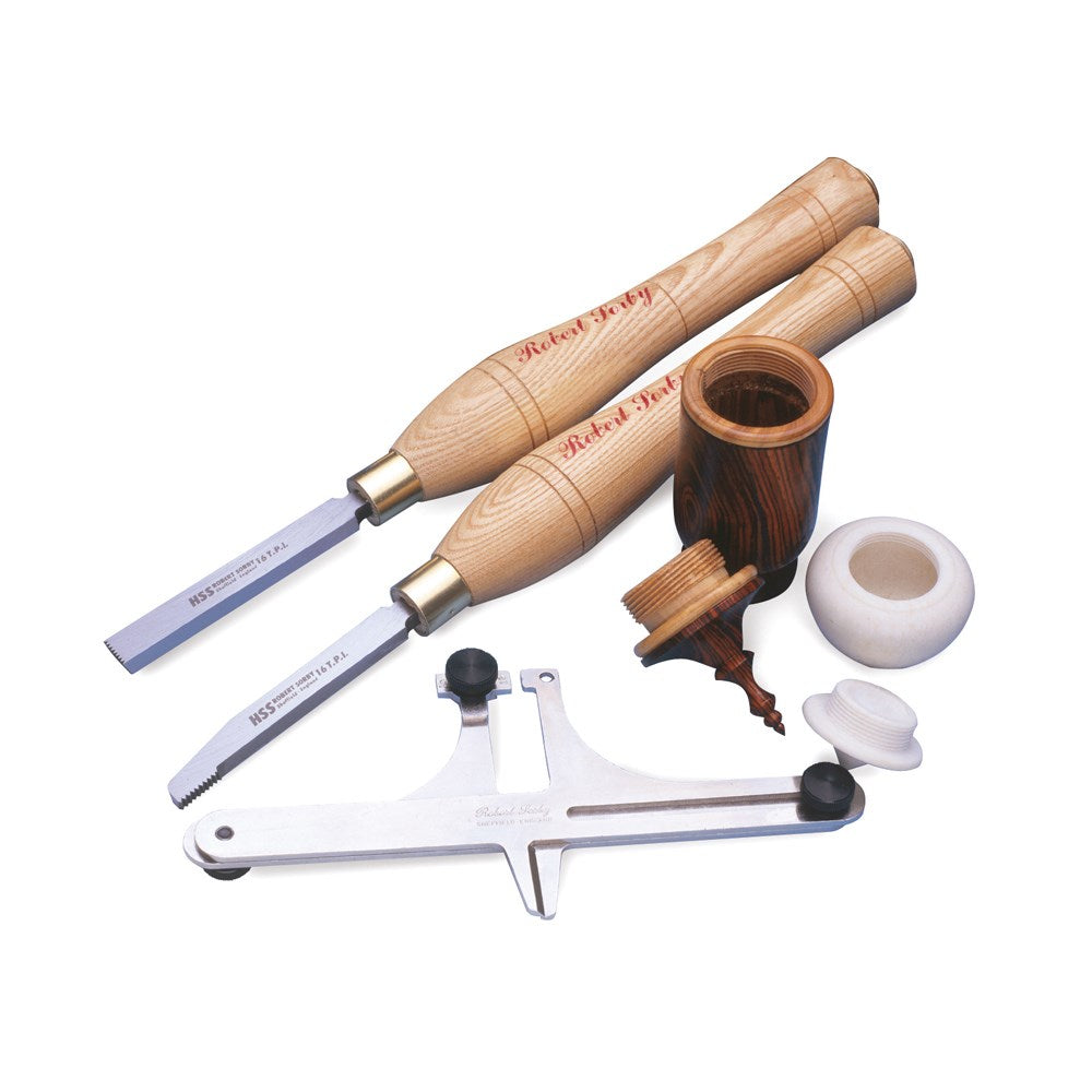 A set of woodturning tools including a chisel, a gouge, a cutting guide, and a DVD case, all laid out on a white background.