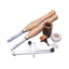 A set of woodturning tools including a chisel, a gouge, a cutting guide, and a DVD case, all laid out on a white background.