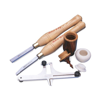 A set of woodturning tools including a chisel, a gouge, a cutting guide, and a DVD case, all laid out on a white background.