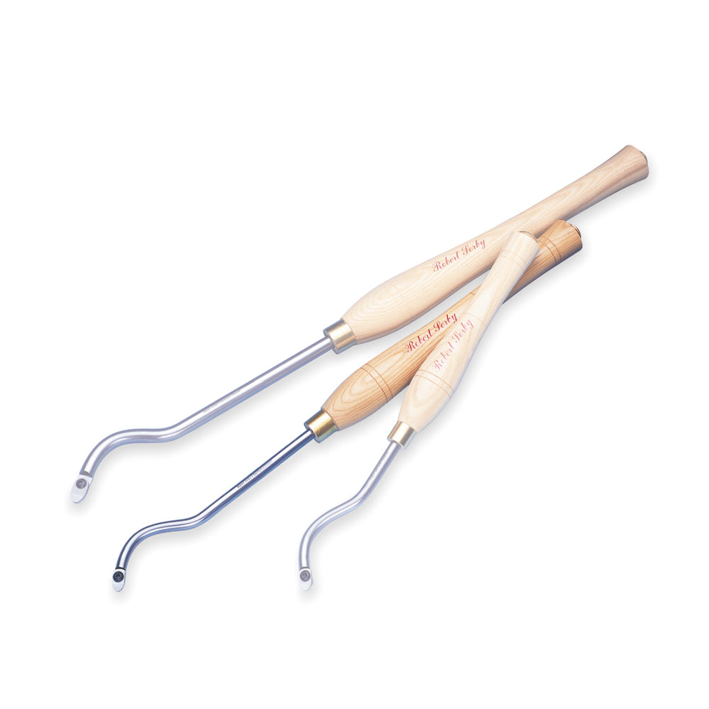 A set of two Robert Sorby Swan Neck Hollowing Tools with wooden handles and metal curved ends designed for woodturning.