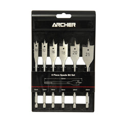 A set of 6 Carbatec Archer spade bits in a black plastic case with sizes marked on the bits.