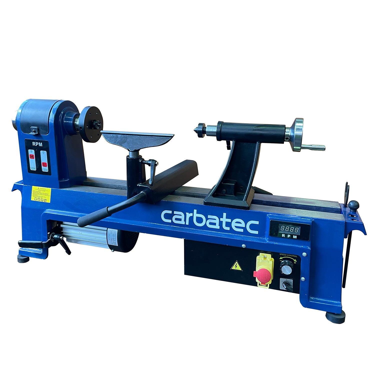 A blue Carbatec deluxe electronic variable speed midi lathe, a benchtop woodturning tool, with digital readout and various lathe parts visible.