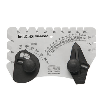 Tormek AngleMaster for setting and measuring edge angles from 10° to 75° on stones 150 mm to 250 mm.