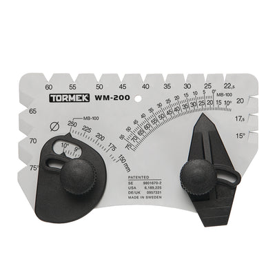 Tormek AngleMaster for setting and measuring edge angles from 10° to 75° on stones 150 mm to 250 mm.