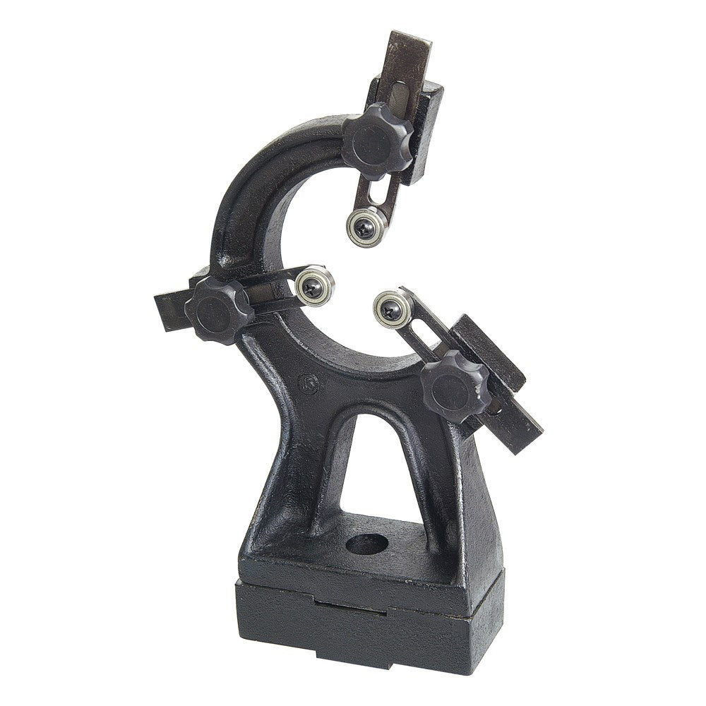 A black Carbatec 3 Point Steady Rest for lathes, featuring three adjustable ball bearing supports.